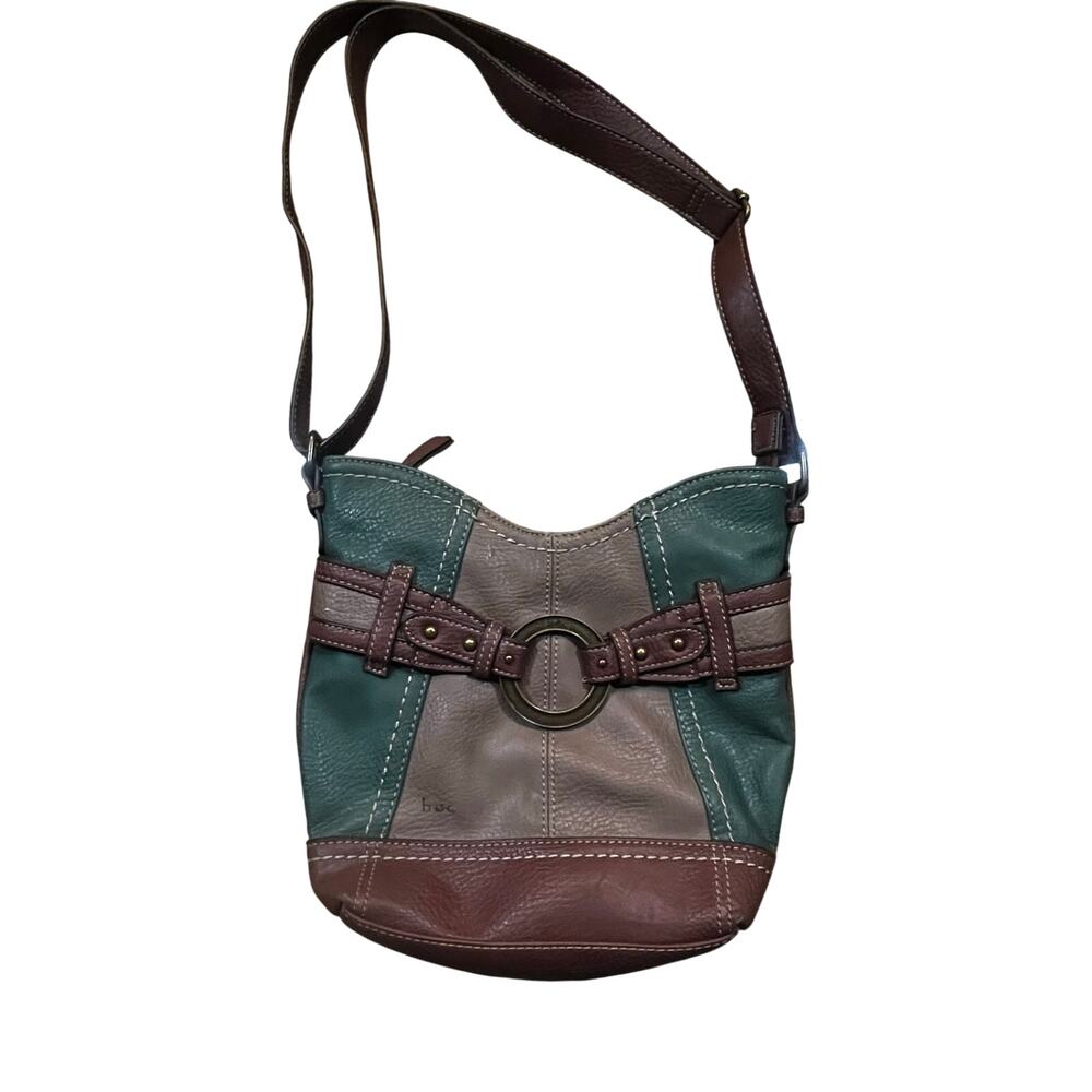 Vintage BOC Born Concepts‎ Leather Crossbody Purse Green Brown Buckle Boho